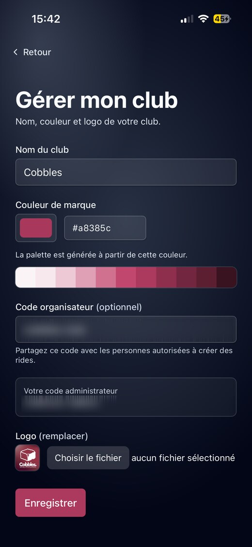 L'écran de réglages d'un club : nom, couleur de marque, logo et codes