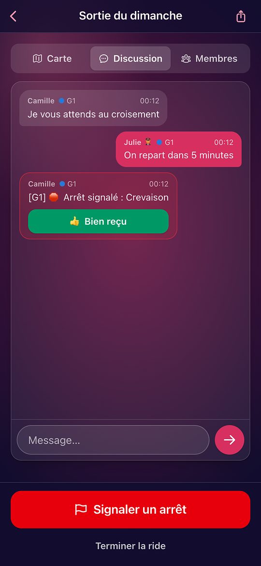 La discussion d'une ride, avec un arrêt signalé et le bouton Bien reçu