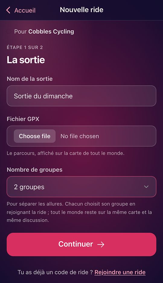 Le formulaire de création d'une ride : nom, fichier GPX et nombre de groupes