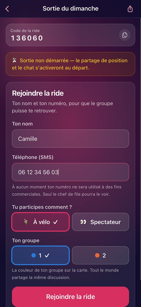 Le formulaire pour rejoindre une ride : nom, téléphone et choix du groupe