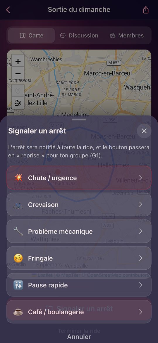 Le choix de la raison d'un arrêt : chute, crevaison, problème mécanique, fringale, pause, café
