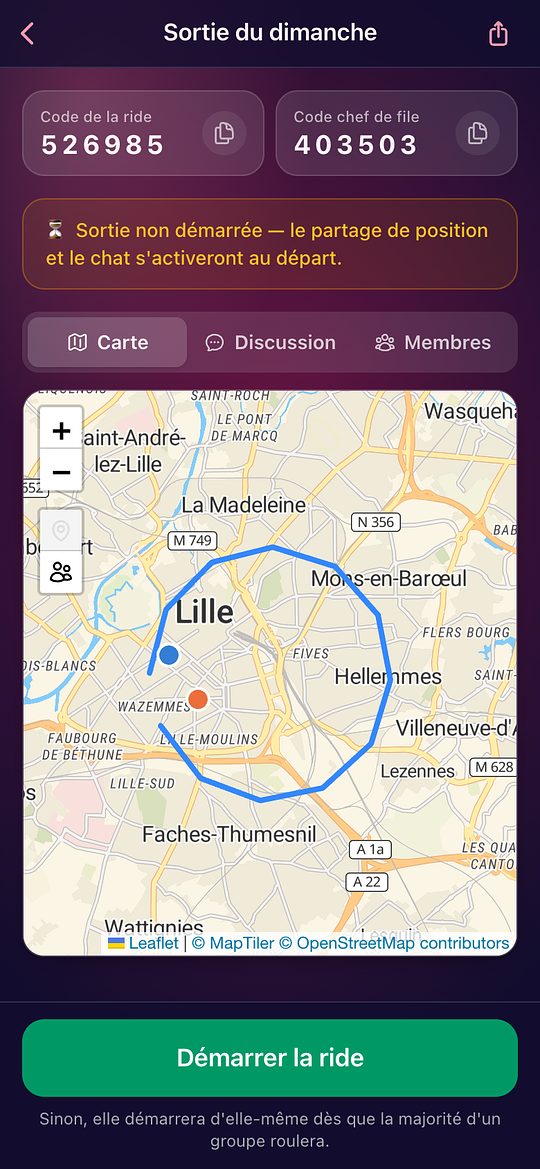 Une ride pas encore démarrée, avec ses codes et le bouton Démarrer la ride