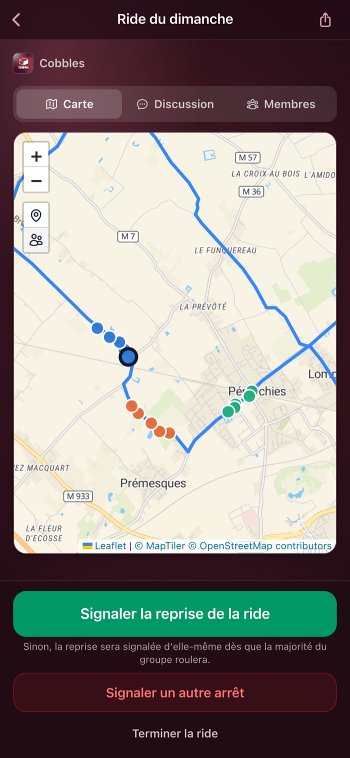 Un groupe à l'arrêt, avec le bouton Signaler la reprise de la ride